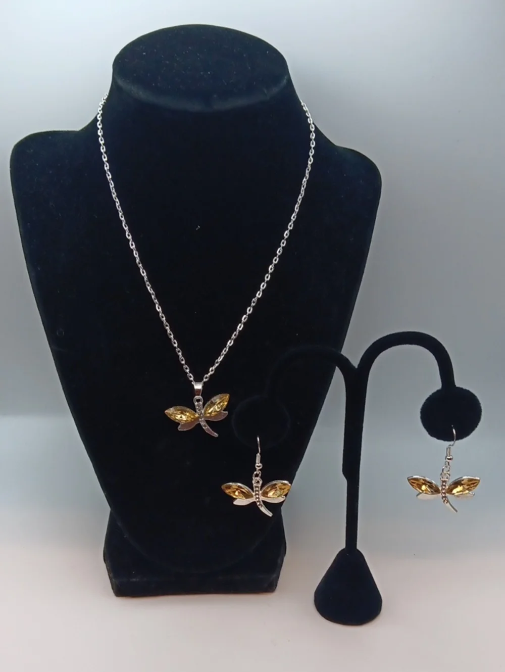 Gold Tone Crystal Dragonfly Pendant Necklace and Earrings Set